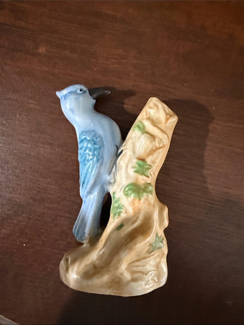 Blue Ceramic Bird Perch Figurine on Tan Branch - Decorative Bird Accent